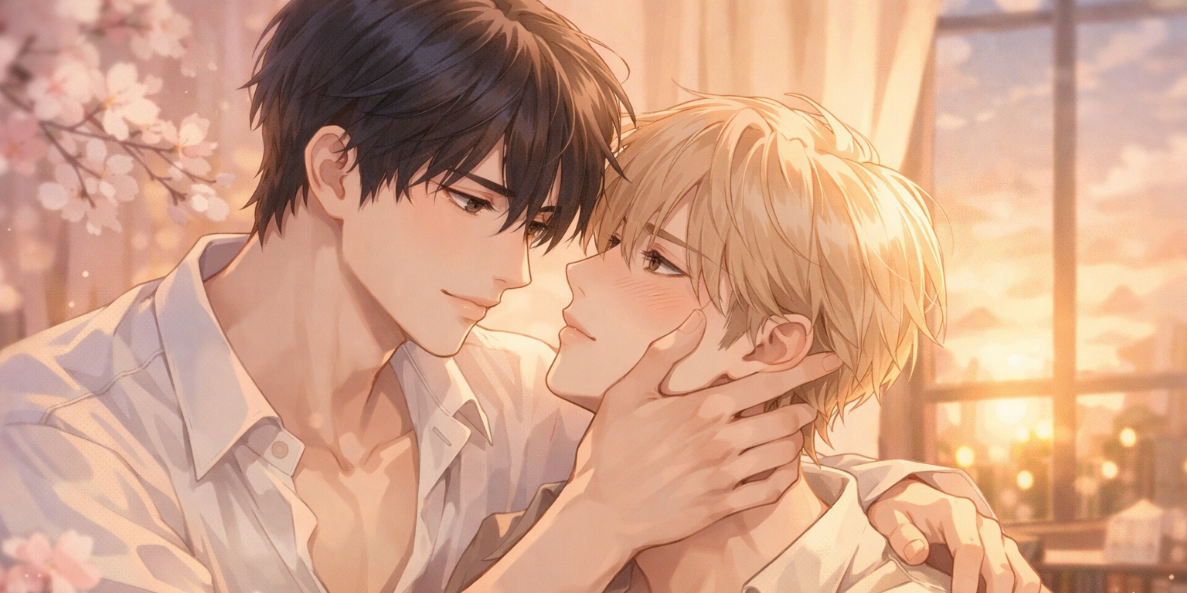 Escena romantica BL al atardecer para Velvet Hearts BL